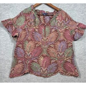 Democracy Womens 1X Embroidered Eyelet V Neck Flutter Sleeve Top  Brown Floral